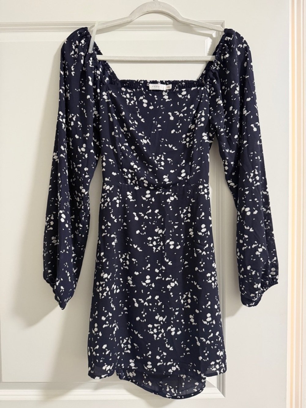 Lush Navy Blue Floral Square-Neck Mini Dress S with back cutout, long sleeves